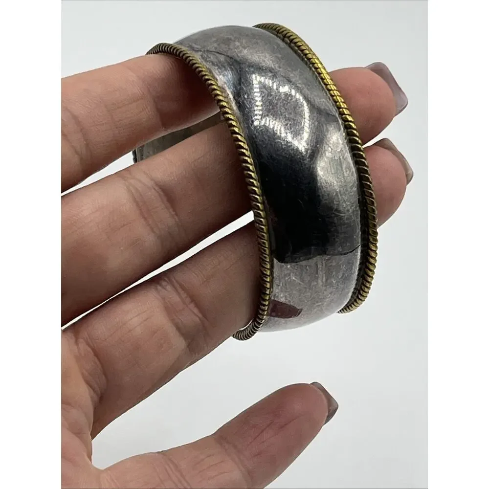 LATON MEXICO 925 Silver Vintage Two Tone Raised Braided Edge Cuff Bracelet